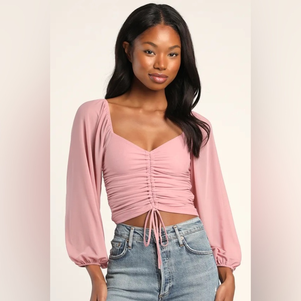 Lulus Completely Charmed Mauve Pink Ruched Long Sleeve Crop Top